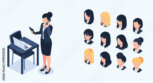 Professional businesswoman multitasking on a phone and tablet with a collection of diverse female user avatars.