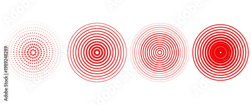 Red concentric ripple circles set. Sonar or sound wave rings collection. Epicentre, target, radar icon concept. Radial signal or vibration elements. Halftone vector illustration