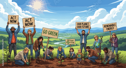 Environmental climate protest and tree planting vector, diverse group of activists holding go green signs, community reforestation and ecology movement