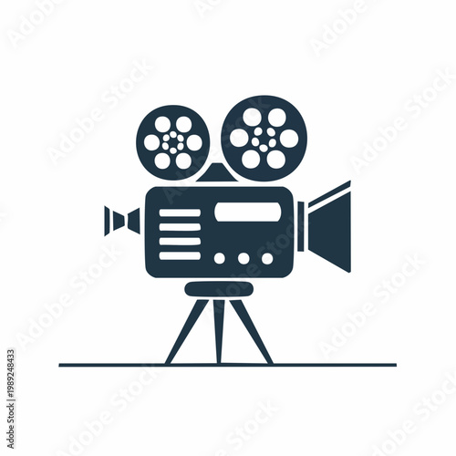Vintage film camera on a tripod, a classic cinema projector icon in dark silhouette against a white background.