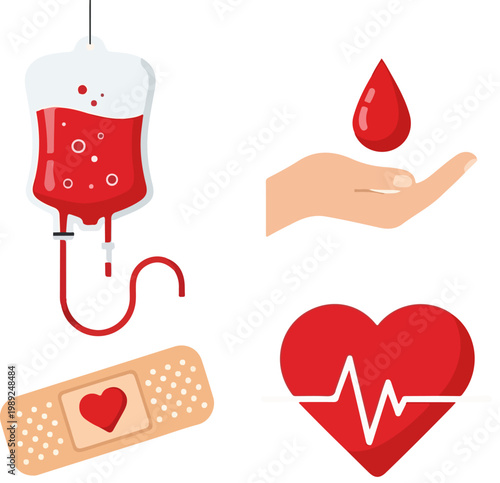 Blood donation vector icons set, medical transfusion bag and drop in hand, red heart with heartbeat line and adhesive bandage for healthcare
