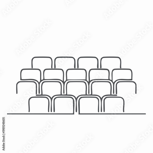 A simple line art illustration of empty theater or cinema seats arranged in rows.