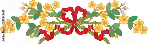 Vibrant floral arrangement with a decorative red ribbon bow in the center
