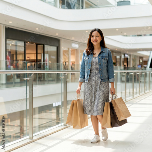 A young indonesian woman cheerfully walks through a modern shopping mall with shopping bags