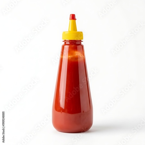 Glass bottle of red hot sauce with yellow cap and nozzle  condiment for cooking and flavoring  kitchen essentials  food and drink