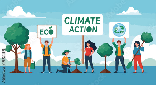 Climate action protest and tree planting vector, diverse activists holding eco signs, environmental protection and reforestation concept illustration