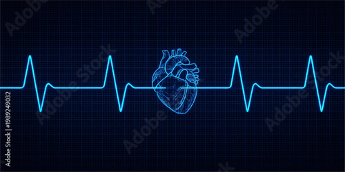An abstract green and blue heartbeat line forming a heart shape on a medical monitor with a graphic electrocardiogram wave representing a healthy cardiology pulse rate