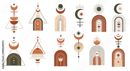 Boho Celestial Geometric Symbols and Mystical Arch Elements Set