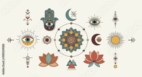 Boho Spiritual Symbols Set with Mandala Hamsa Hand Lotus and Celestial Elements