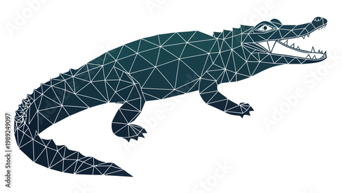 A geometric crocodile silhouette in dark green with white lines on a white background