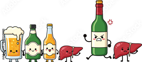 Cute Cartoon Alcohol Bottles and Liver Characters Showing Harmful Effects of Drinking on Health Vector Illustration