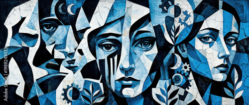 Abstract Female Faces Collage with Blue and White Geometric Portraits