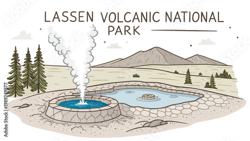 A vector graphic illustration of Lassen Volcanic National Park featuring a geothermal pool and mountain range silhouette