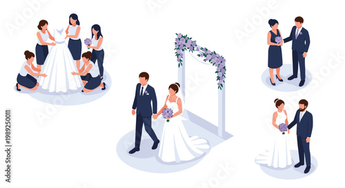 Collection of romantic wedding scenes featuring a bride with bridesmaids, the couple at the altar, and walking together after the ceremony.