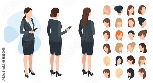 Professional woman character in a suit with multiple views and a comprehensive collection of customizable hairstyles for animation.