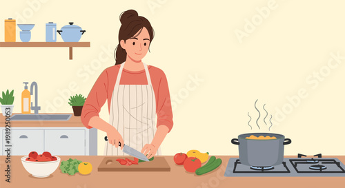 Happy woman in an apron chopping fresh red peppers and vegetables for a healthy meal in her kitchen at home.