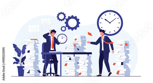 Office workers overwhelmed by massive amounts of paperwork and racing against a large ticking clock to meet deadlines.