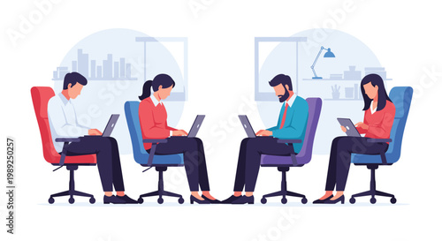 Four business professionals sitting in office chairs and focusing on their laptop computers in a modern corporate workspace.