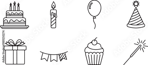 Birthday icons set isolated on transparent background, Vector