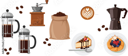 Flat Design Coffee Elements Set with French Press Grinder Beans Latte Moka Pot and Desserts Cafe Menu Vector Illustration