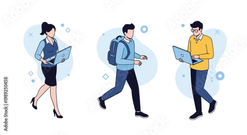 Diverse business professionals walking and running with laptops and backpacks symbolizing a fast paced corporate lifestyle and commuting.