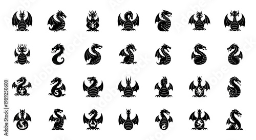 Set of Black Dragon Silhouettes and Mythical Creature Icons