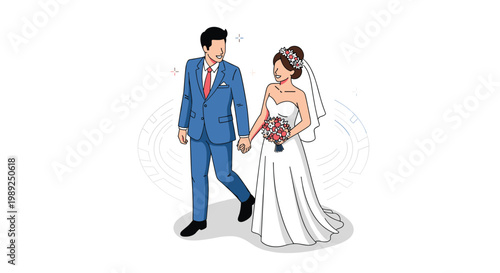 Happy newlywed couple in wedding attire walking together, featuring a bride with a bouquet and groom in a blue suit.