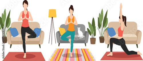Flat Design Women Practicing Yoga Poses at Home Living Room with Plants Sofa and Cat Healthy Lifestyle Vector Illustration