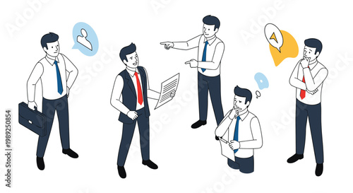 Group of business professionals in various thinking and communicative poses including holding a briefcase and pointing towards new goals.