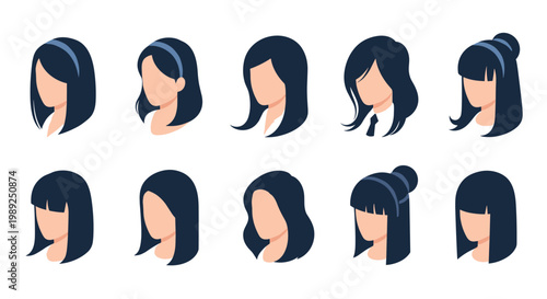Collection of ten female head profile illustrations with dark hair and blue headbands showing various angles for character design assets.