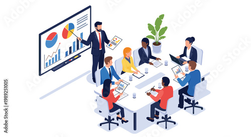 Professional presentation in a conference room with a male speaker pointing at colorful charts on a screen during a business meeting.