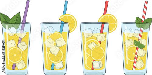 Fresh Cold Lemonade Glasses with Ice Cubes Lemon Slices Mint and Colorful Straws Summer Drink Set Vector Illustration