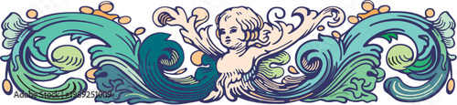 Elegant cherub amidst swirling baroque ocean waves and decorative flourishes