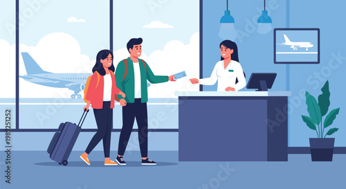 Traveling couple checking in for their flight at an airport service desk with a friendly female airline employee.
