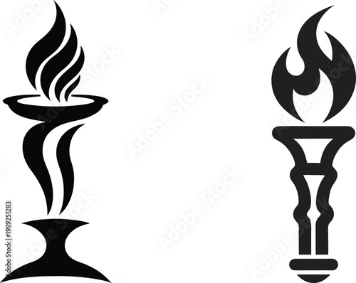 Olympic torch and eternal flame silhouette icons symbolizing victory light and competitive spirit for sporting events.