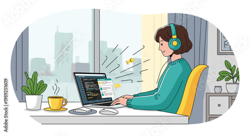 Focused female developer wearing headphones and working on code on her laptop in a bright, modern room at home.
