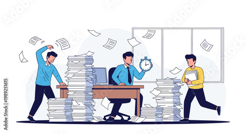 Stressed office workers struggling with massive piles of documents and tight deadlines represented by a ticking clock.