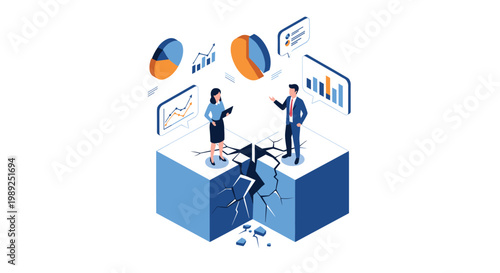 Business man and woman face serious communication barriers while standing on a cracked and divided isometric stone block.