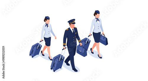 Flight crew consisting of pilots and flight attendants walk through an airport terminal with their travel luggage bags.
