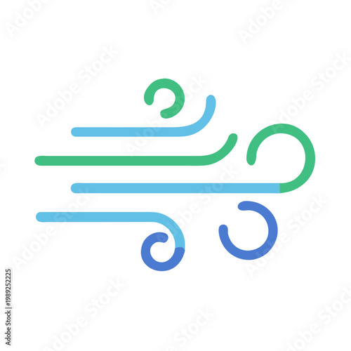 Stylized windy weather icon illustration in shades of blue and green