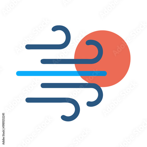 Stylized winds blowing by a sun, flat vector design on black background