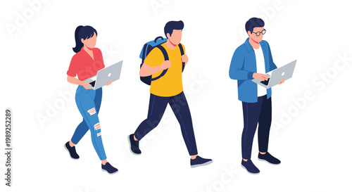 Three young people walk together while staying connected using laptops and a backpack for a modern mobile lifestyle.