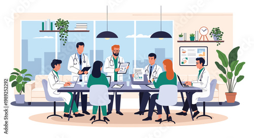 Team of doctors and healthcare specialists conduct a medical case review and discuss reports in a modern clinic office.