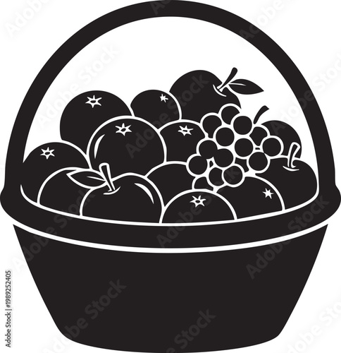 A basket filled with plump black grapes and juicy apples