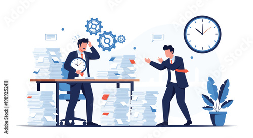 Overwhelmed businessman at a desk full of papers is being pressured about a deadline by his colleague with a clock.