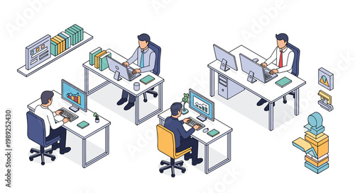 Four office employees work at their separate desk stations in a minimal and modern isometric corporate business environment.