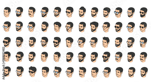 Extensive grid of male heads with a variety of facial hair styles, modern hair cuts, and different glasses types.