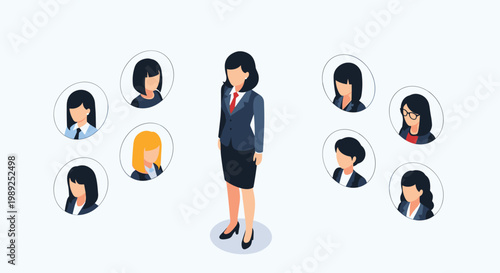 Female business leader standing centrally among circular profile icons representing her diverse professional team members.
