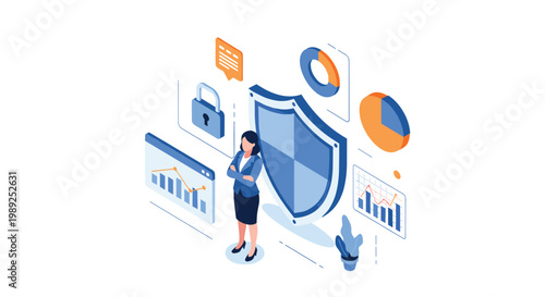Elegant businesswoman stands confidently behind a large protective shield surrounded by financial graphs and data security icons.