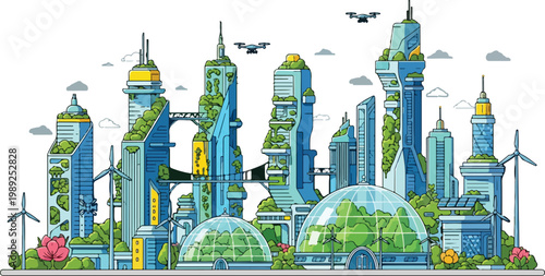 Futuristic eco city skyline with green skyscrapers, sustainable urban architecture vector, modern smart city with wind turbines and flying drones